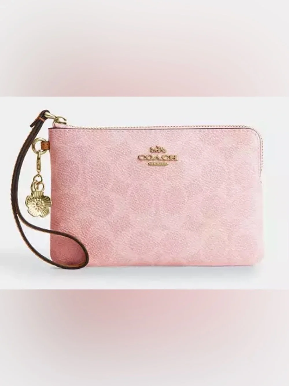 NWT Coach Powder Pink Corner Zip Wristlet In Signature Canvas With Charms